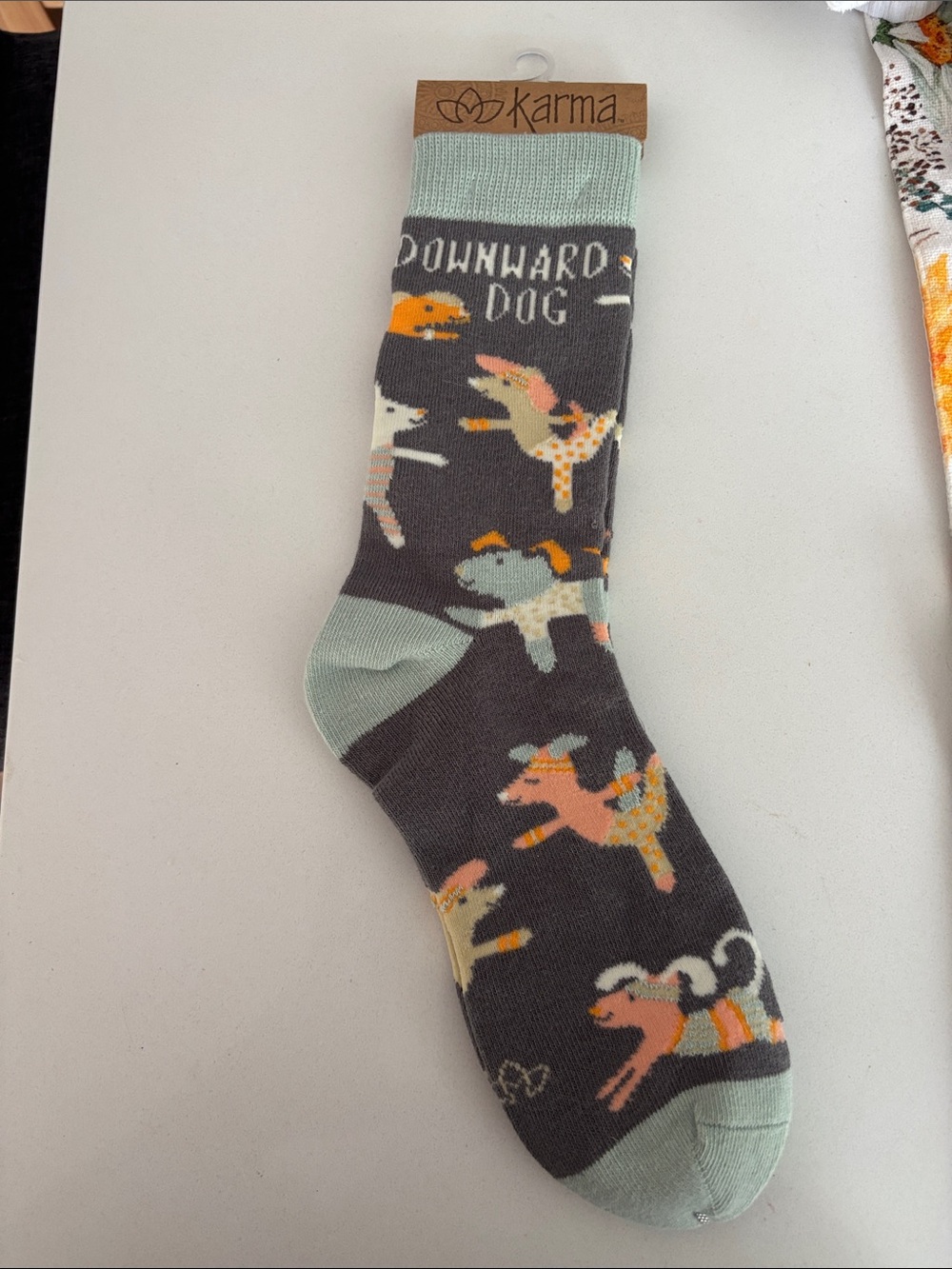Karma Gray Crew Socks with Mint Cuff and Multicolor Dog Pattern